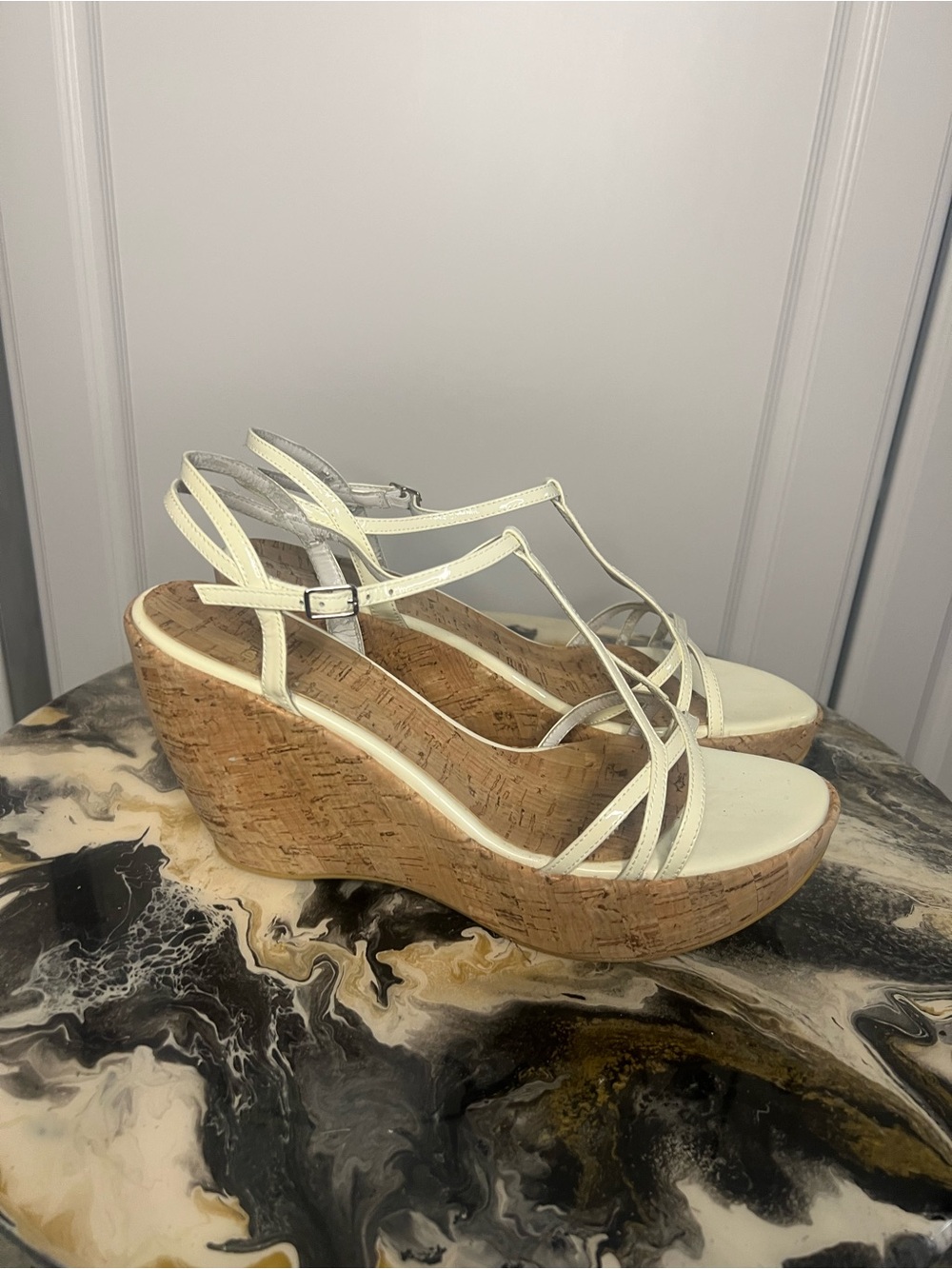 Vintage Y2K Stuart Weitzman White Cork Wedge Sandals - Picture 2 of 14
